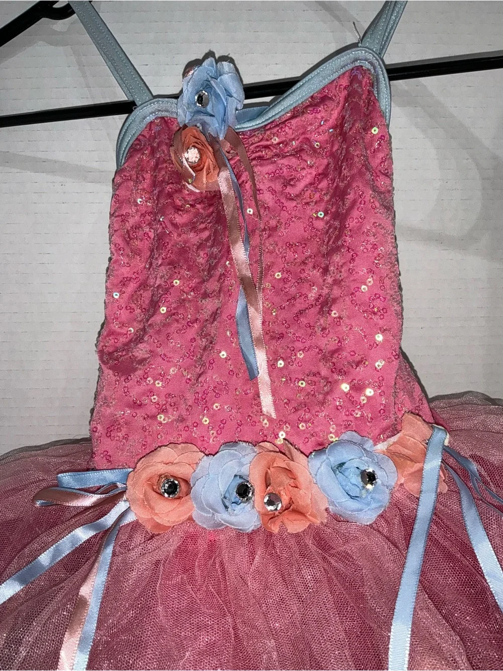 Weissman Pink Tulle Dance Dress with Blue Trim and Floral Accents Child Small